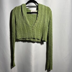 Aeropostale Green Cable Knit Hoodie Cropped Button‎ Sweater M VTG Y2K Grunge SEE